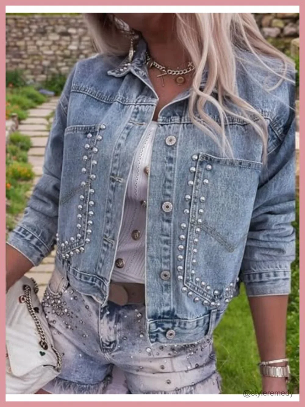 Rivet Studded Denim Jacket Women's Cropped Casual Jean Coat with 85% Cotton